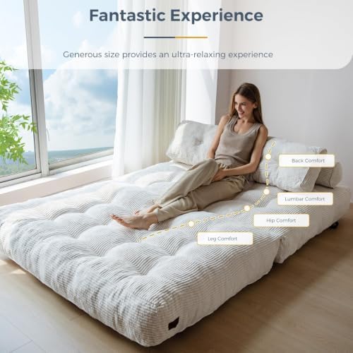 MAXYOYO Folding Sofa Bed, Convertible Chair Bed with Pillow | Foldable Couch with Back Support, Portable Fold Out Chair Comfy Floor Sofa for Living Room Bedroom, Beige, Double