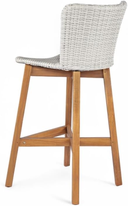 Saiveina Lymington Outdoor Bar Stool, Teak Finished Wood with Light Grey Wicker, Set of 2