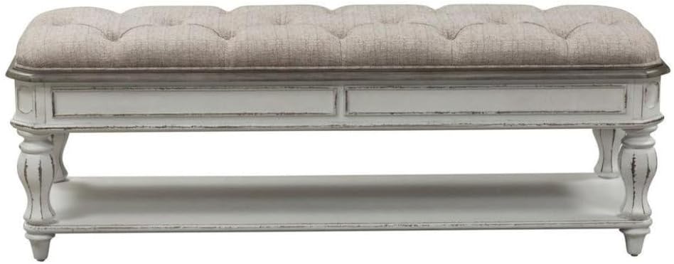 Starlight Canyon Home Antique White Bedroom Bench with Storage Shelf, Upholstered End of Bed Bench with Faceted Legs and Ivory Tweed Seat for Elegant Comfort