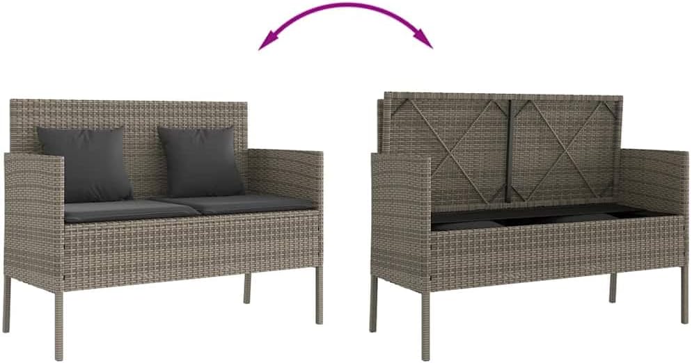 Gray Poly Rattan Patio Storage Bench with Cushions, PE Rattan Outdoor Seating with Waterproof Bag and Gas Spring