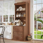 71" Farmhouse Kitchen Pantry Cabinet with Drawers, Set of 2 – Dark Brown Freestanding Coffee Bar Hutch with Adjustable Shelves, Large Storage Cabinet with Microwave Stand for Living Room & Kitchen