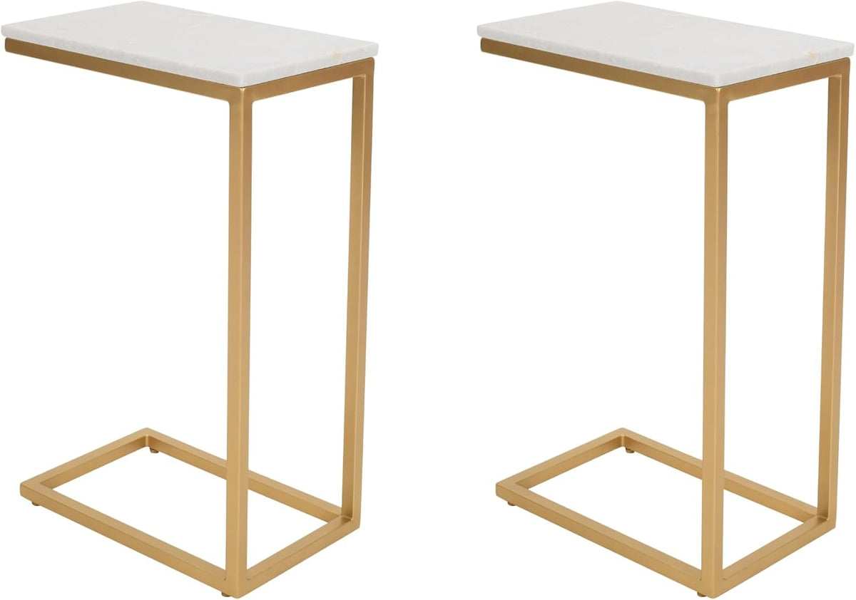 Jofran Aurora Marble Top C-Table Set of 2 with Iron Frame, Modern Accent Side Table for Living Room Bedroom, Gold