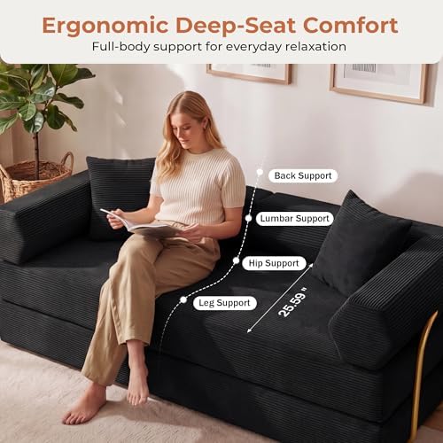 79" Convertible Futon Sofa Bed, Couch for Living Room | Black | 5-in-1 Corduroy Modular Futon Couch with Pocket Springs, Sleeper Sofa, Pull Out Couch Bed, No Assembly