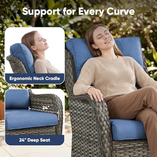 Belord 5 Piece Wicker Patio Furniture Set, Outdoor Swivel Rocker Chairs Set of 2 with Ottomans and Side Table, All Weather Patio Conversation Furniture Set, for Porch Pool, Gray Wicker/Blue
