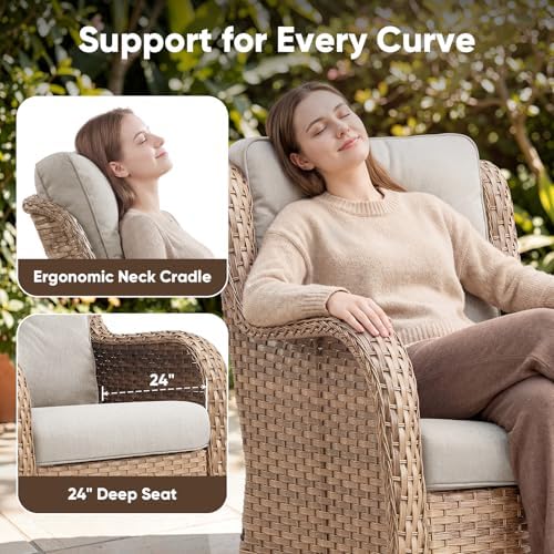 Belord 5 Piece Wicker Patio Furniture Set, Outdoor Swivel Rocker Chairs Set of 2 with Ottomans and Side Table, All Weather Patio Conversation Furniture Set, for Porch Pool, Yellow Wicker/Beige
