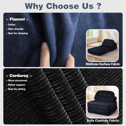 Folding Futon Sleeper Sofa Bed Chair, No Assembly, Black 3 | Dual-layer flannel corduroy| Anti-collapse foam| Pillow and blanket included| Side pockets| Ergonomic for lounging