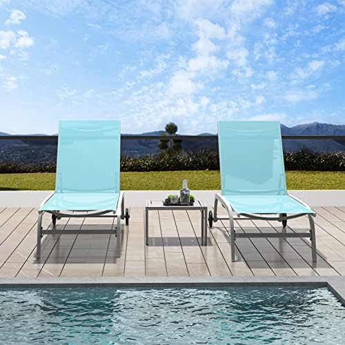 Domi Chaise Lounge Outdoor Set of 3 Lounge Chairs for Outside w/Wheels, 5 Adjustable Position Pool Lounge Chairs for Patio, Beach, Yard, Turquoise Blue