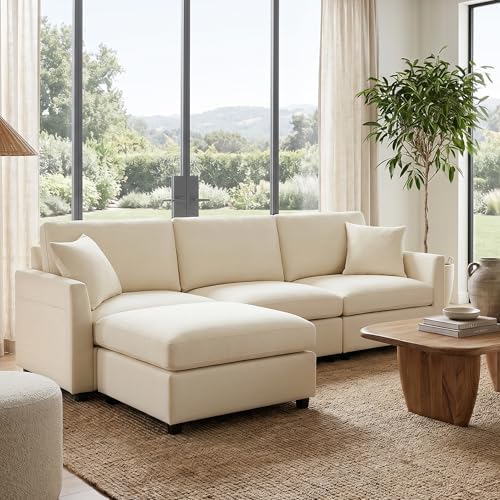 Iroomy Sectional Cloud Couch for Living Room, Spring Cushion Seating, L Shaped Convertible Modular Sofa with Ottoman, Beige