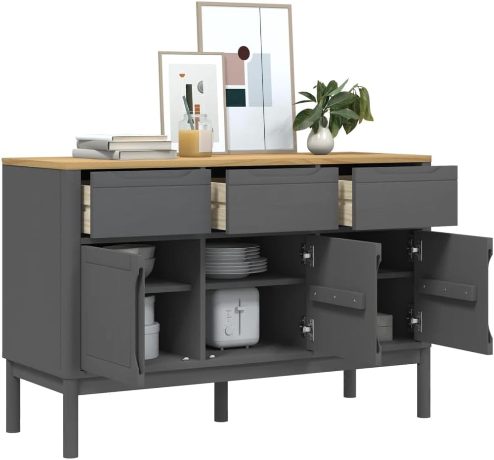 Grey Solid Pine Wood Sideboard with Engineered Wood Construction, Modern Storage Furniture for Dining Room and Living Room, Spacious Drawers and Doors for Organization