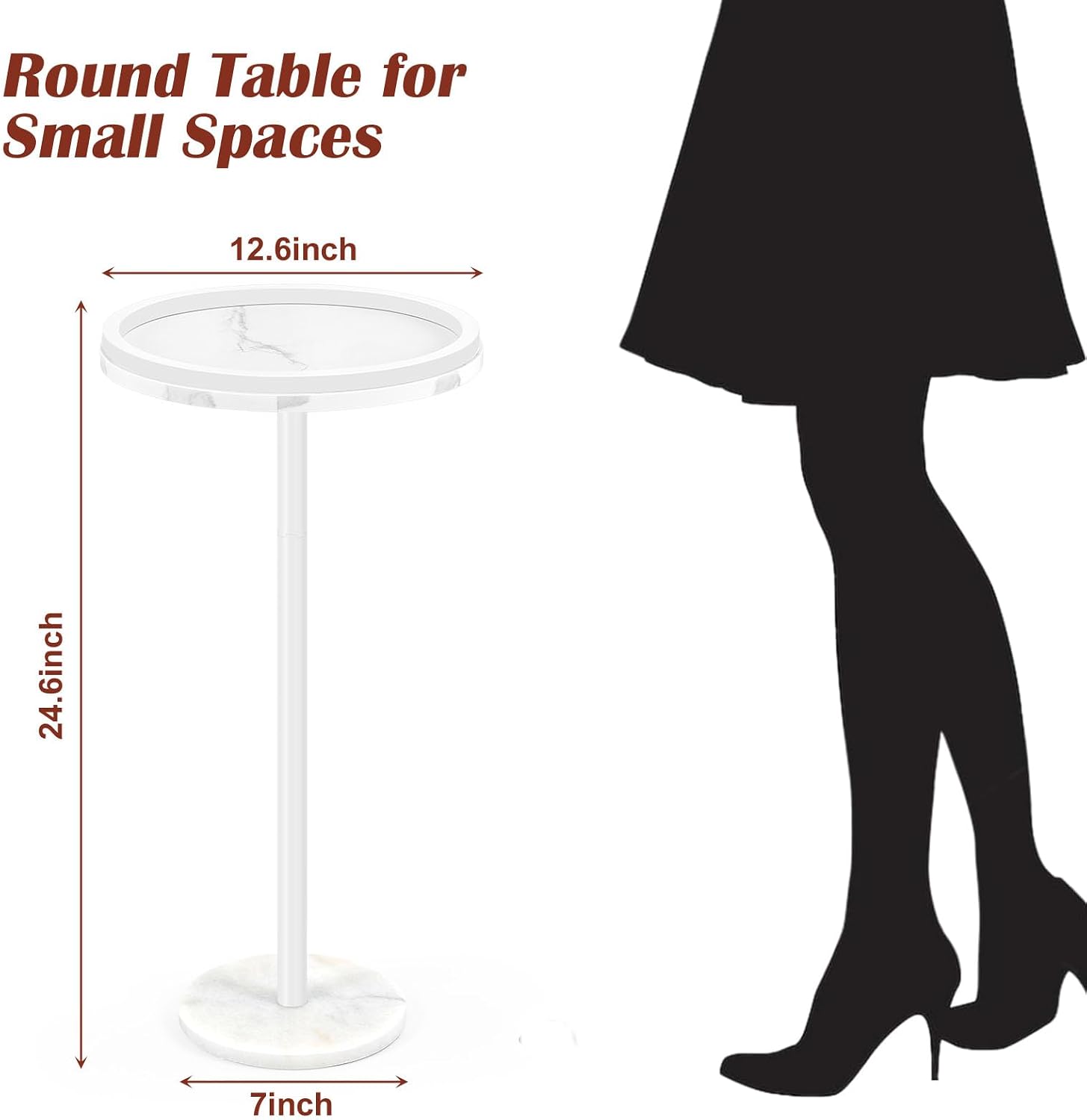 smusei Small Drink Table with Marble Base Round Side Table for Small Spaces Pedestal Side Table with Anti-Fall Guard for Living Room Bedroom Home Decor, White