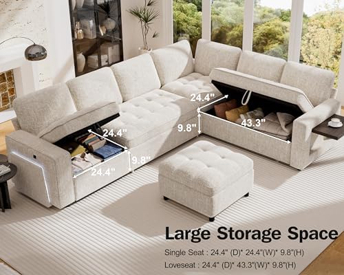 Vipbear 7 Seat L Shaped Modular Sectional Sleeper Sofa Bed with Ottoman/Pull Out Bed/Reclining Backrest/USB Ports/Table/LED Light/Storage Seat, Tool-Free Assembly, Chenille Beige