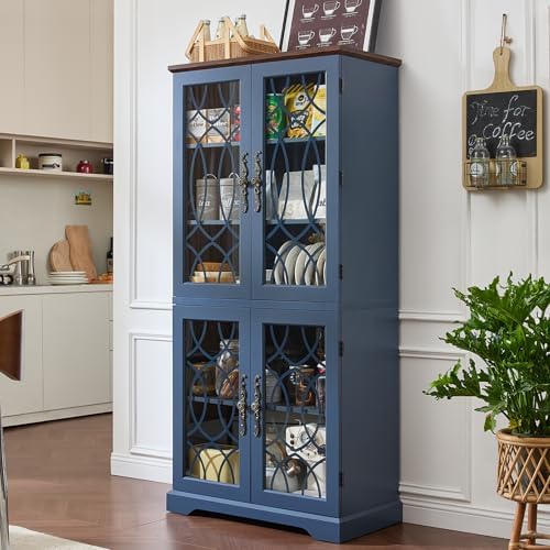 Joaxswe 67" Tall Pantry Cabinet Set of 3, Vintage Kitchen Pantries Cabinets with Glass Doors & Adjustable Shelves, Wood Cupboard with Large Storage for Dining Room, Bathroom, Navy Blue
