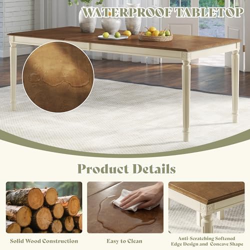AMERLIFE 9 Piece Farmhouse Dining Table Set with 79" Table, Cream | Solid Rubberwood Frame, 8 Chairs Included, Farmhouse Design, Upholstered Seating, Rustic Cream Finish