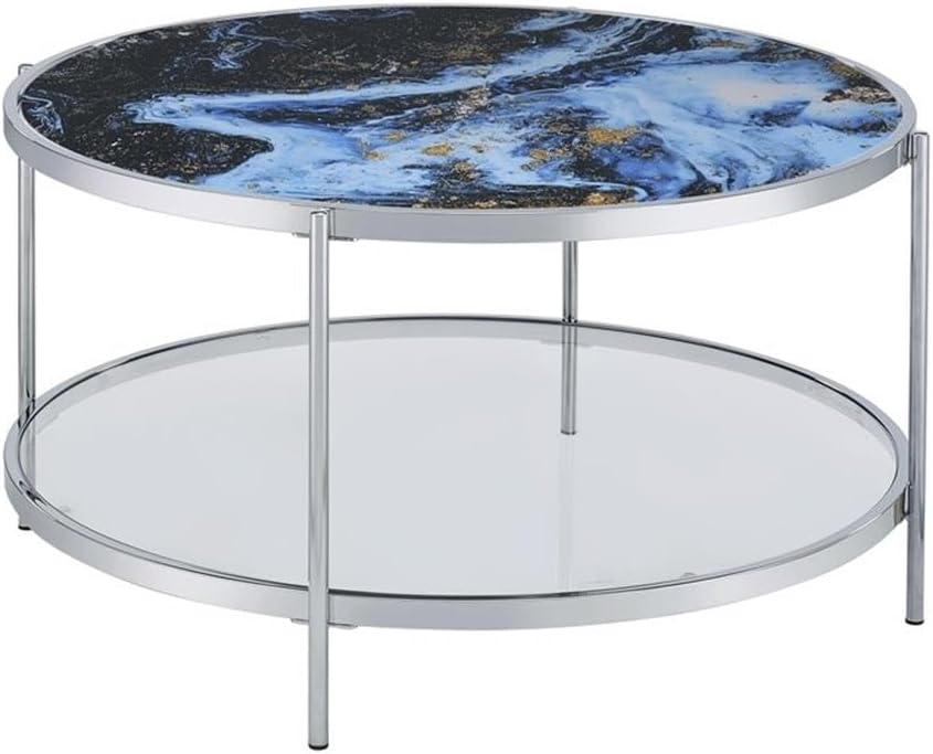 Pemberly Row 3-Piece Coffee & End Table Set, Engineered Wood, Blue Faux Marble & Glass, Chrome Frame, Contemporary Style Living Room Tables, Reversible Panels for Flexible Design