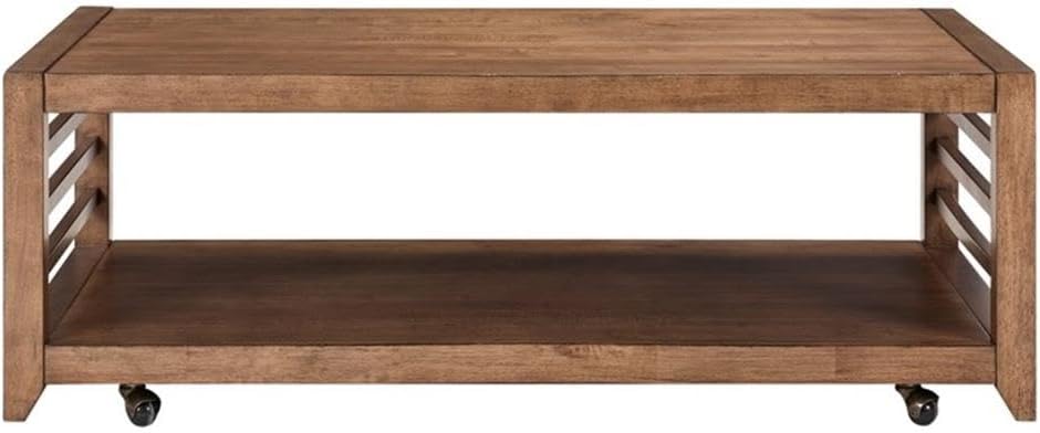 Pemberly Row 3-Piece Living Room Table Set, Harvest Brown Wood Finish, Poplar and Maple Veneers, Includes Cocktail Table with Casters and 2 End Tables, Shaker Style, Storage Shelves for Living Room