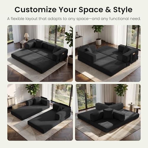 78.8" Convertible Futon Sofa Bed, Couch for Living Room | Corduroy Loveseat Sleeper Sofa, Modular Futon Couch with Storage Pocket, Pull Out Couch No Assembly | Black