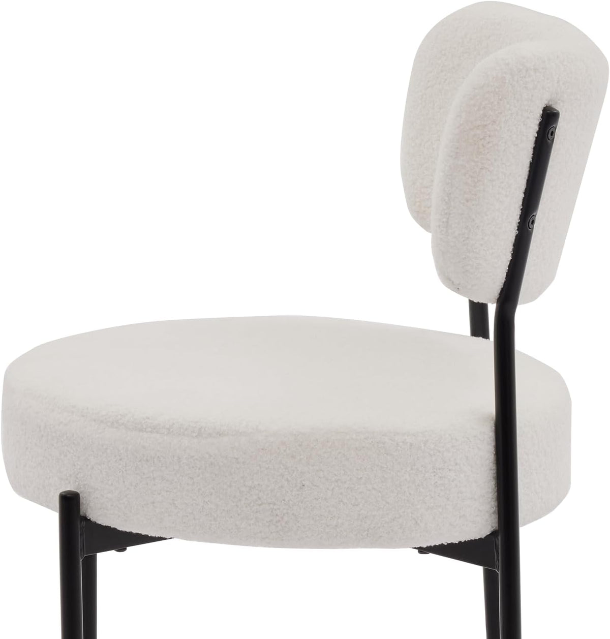 Boucle Dining Chair Set of 6, Mid Century Modern Upholstered Kitchen Chairs with Curved Backrest & Black Metal Legs, Round Dining Room Chairs, White