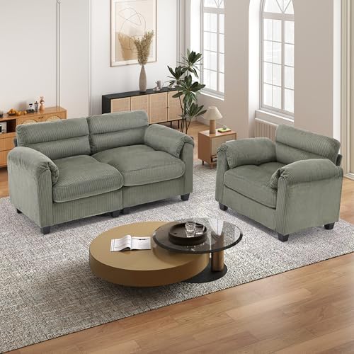 HAOMARKETS Corduroy Sofa Set, Upholstered Armchair and Loveseat with Plush Cushions and Rolled Arms, Modern Living Room Furniture Sets,Green