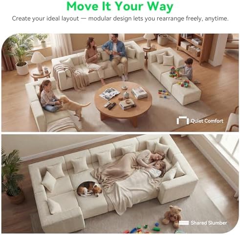 MONVANE Oversized Sectional Couch 10-Seat, Chenille, Beige | Sectional Couch for Living Room, Modular Cloud Sofa with Ottoman & 10 Throw Pillows, No Assembly Required
