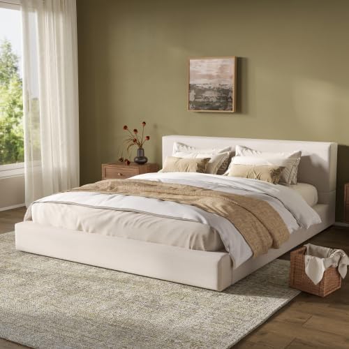 Merax King Size Bed Frame, 95" L x 88" W Upholstered Platform Bed with 8" Thick Linen Headboard & Footboard, Sturdy Wood Slat Support, No Box Spring Needed, Easy Assembly, Beige