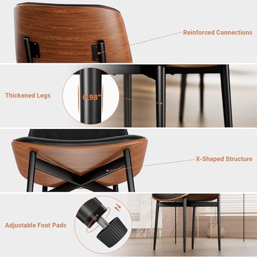 YaFiti Dining Chairs Set of 2, Mid Century Modern PU Leather Kitchen Chairs | Ergonomic Walnut Backrest, Upholstered Waterproof Faux Leather Seat, Stable Metal Legs, Adjustable Footpads, Black Scallop