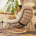 FLEXISPOT Oversized Outdoor Rocking Chair with Thick Cushion, Beige | Thick Cushioned Seat, Bonus Pillow, Modern Patio Papasan Rocker, Metal Frame Wood Base, For Porch Balcony Living Room