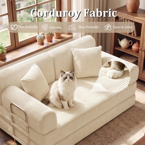 BSHOMGI Convertible Sofa Couch Bed, Folding Corduroy Floor Compression Loveseat Sleeper with Fixed-Shape Frame, King Size Sofas for Guest Room Living Room No Assembly Required (Includes 2 Pillows)
