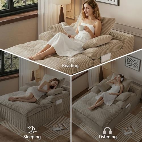 65" Oversized Chaise Lounge Chair Indoor, Chaise Lounge Chair Double Layer Side Pockets 3 Pillows, Cloud Corduroy Chaise Sofa Bed Sleeper Couches for Living Room No Assembly Require,Camel