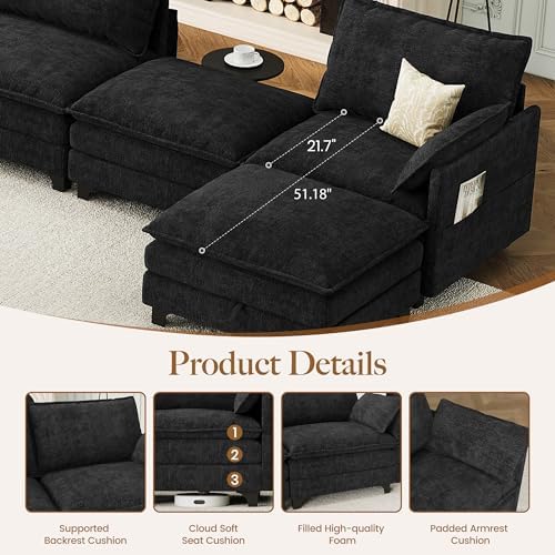 140" U-Shaped Modern Modular Sectional Sofa, Chenille Cloud Couch with Storage Ottoman, Deep Seat Couches with Side Pocket for Living Room, Bedroom and Apartment, Dark Grey