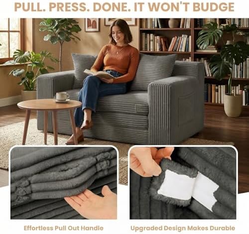 Loveseat Sofa Bed, Tri-Folding Convertible Futon Sleeper with Handle & Side Pockets, 54'' Couch with Hook and Loop No Assembly for Small Space,Living Room & Bedroom