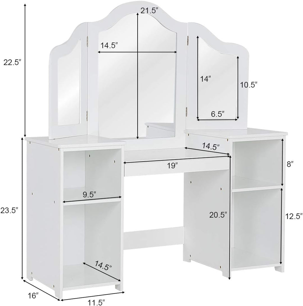 GOFLAME Kids Vanity Table, 2 in 1 Detachable Design with Dressing Table and Writing Desk, Princess Style, White MDF and Plastic Mirror, 42"×16"×46" (L×W×H), 2 Oversized Shelves, 3-Panel Mirror