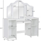 GOFLAME Kids Vanity Table, 2 in 1 Detachable Design with Dressing Table and Writing Desk, Princess Style, White MDF and Plastic Mirror, 42"×16"×46" (L×W×H), 2 Oversized Shelves, 3-Panel Mirror