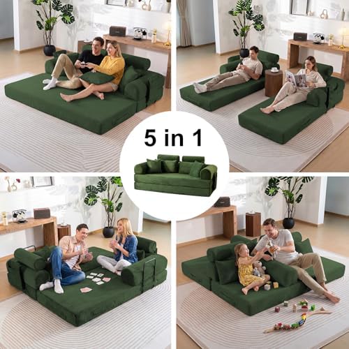79" Convertible Futon Sofa Bed,High Back Couch for Living Room | 5-in-1 Corduroy Loveseat Sleeper, Futon Couch with Ergonomic Support & Side Storage Pocket, No Assembly,Olive Green
