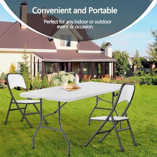 6ft Table Large Folding Table White Folding Table with Portable Carrying Handle 6ft Heavy Plastic Foldable Table for Party, Wedding, Events, Dining, Camping, Picnic Indoor (White, 4 Pcs)