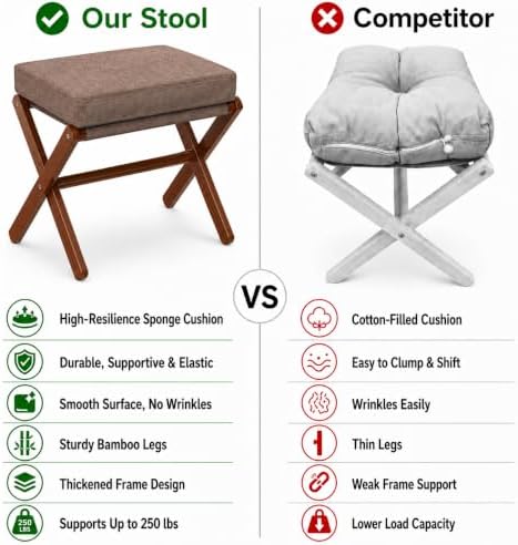 BAMBOOHOMIE Foldable Foot Stool Ottoman, Modern Foot Rest with Bamboo X Legs & Thick Foam Cushion, Folding Foot Stools Small Padded for Bedroom Living Room, Footstool for Chair Couch (Brown - Brown)