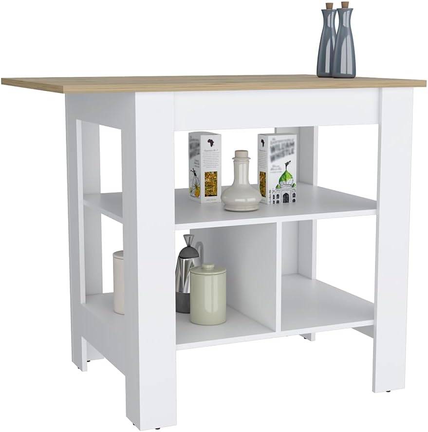 Modern Beige Kitchen Island with Resistant Top and Storage Shelves | Three low open shelves for extra storage space