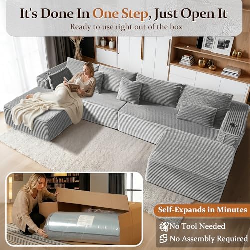 138" Oversized Cloud Sectional Couch, Comfort U Shaped Couch for Living Room, Extra Deep Seats No Assembly, Modular Sofa, Corduroy (Light Grey, 3 Seater+Right Facing Chaise+Ottoman)