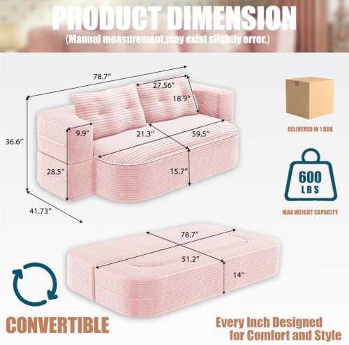 78.7" Futon Sofa Bed, Memory Foam Convertible Couch, Pink | Sophisticated comfort with premium corduroy, one-flip conversion, built-in blanket, and ergonomic support