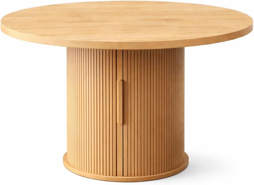 HIPIHOM Round Wooden Dining Table with Storage, 43.3” Wood Tabletop, 2-Piece Semi-Circle Design, Pedestal Base Dining Table for Kitchen & Dining Room, Natural Oak