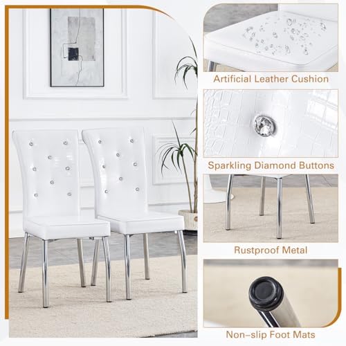 Modern Faux Marble Dining Table Set for 6, 63" White Rectangular Kitchen Table with Elegant U-Shaped Pedestal Base & 6 Tufted Upholstered High-Back Chairs, Luxury 7-Piece Dining Room Furniture Set