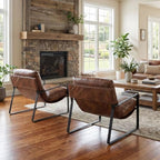 LukeAlon Set of 2 Modern PU Leather Accent Armchair, Retro Brown | Pu Leather Upholstered Living Room Chair With Metal Base & Thickened Cushion