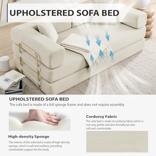 4-in-1 Folding Convertible Sofa Bed, 78 Inch Couch with Fixed-Shape Frame, Corduroy Loveseat Sleeper with Pull Out Bed, Floor Sofa Modular Futon Couch for Living Room Bedroom Lounge (Beige)