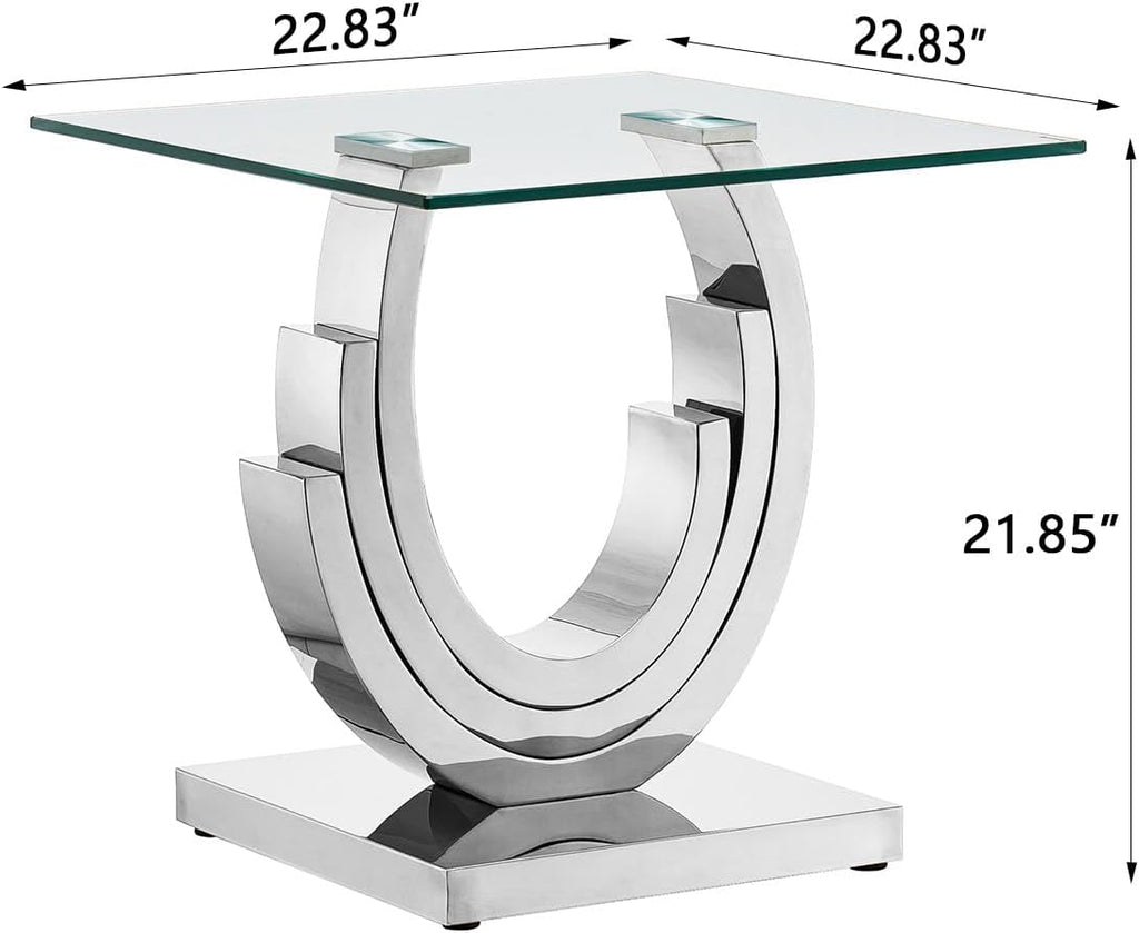 Luxury Glass End Table, 22.8" Sofa Side Table with Silver Ring-Shape Stainless Steel Frame and Clear Glass Top, Cocktail Tea Table, Modern Square End Table for Home Office