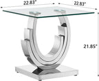 Luxury Glass End Table, 22.8" Sofa Side Table with Silver Ring-Shape Stainless Steel Frame and Clear Glass Top, Cocktail Tea Table, Modern Square End Table for Home Office