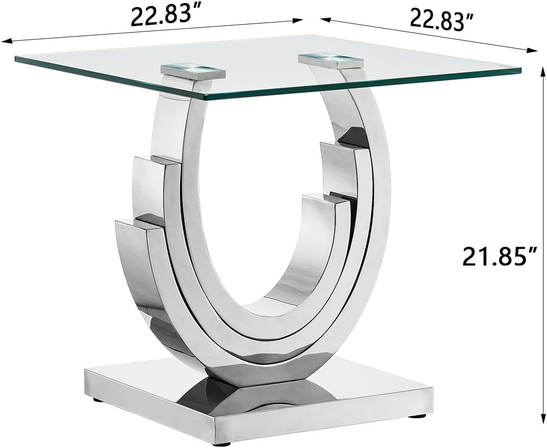 Luxury Silver Glass End Table Modern Square Sofa Side Table with Mirrored Stainless Steel Base and Clear Glass Top for Living Room Home Office Bedroom Table (Silver)
