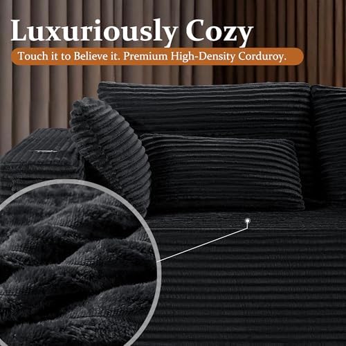 108" Oversized Cloud Sectional Couch, Comfort U Shaped Couch for Living Room, Extra Deep Seats No Assembly, Modular Sofa, Corduroy (Black, 2 Seater + Left Facing Chaise + Ottoman)