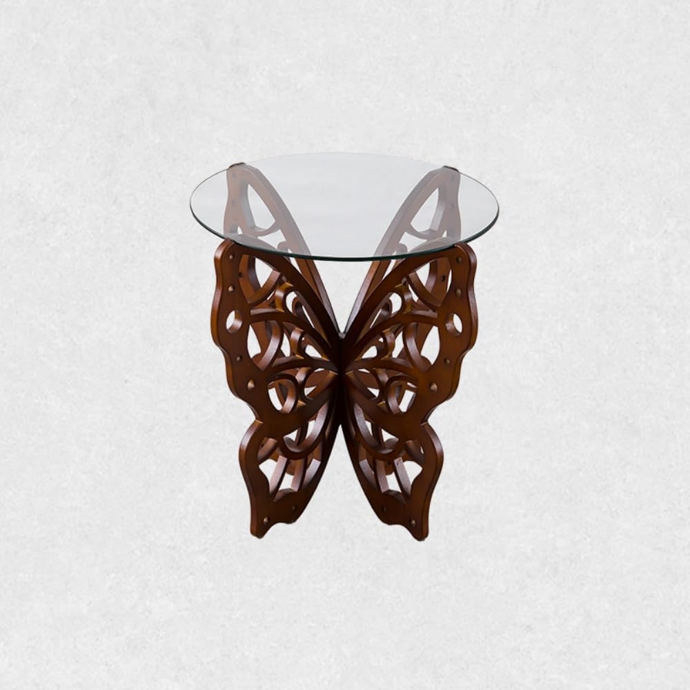 Butterfly Side Table, Tempered Glass Coffee Table with Solid Wood Base, Small Decorative End Table for Living Room, Balcony, and Bedroom(Clear)