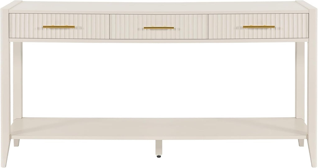 Knocbel Entryway Console Table with 3 Vertical Stripe Drawers and Storage Bottom Shelf, Sofa End Table with Sturdy Long Legs for Living Room Hallway, 15.7" D x 60" W x 31.4" H Beige