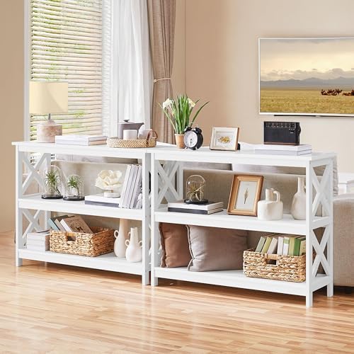 Yaheetech 42"L White Console Table 3-Tier Narrow X-Frame Open Storage Shelf | Sofa Table for Entryway, Hallway and Living Room, Slim 14" Depth, Powder-Coated MDF, 88 lb Top Load, Easy Assembly