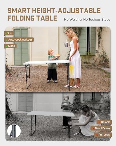 FanttikOutdoor Folding Table 4 Foot Quick Adjust Portable Plastic 4 Heights | Effortless Adjustable Height Small Card Table, Fixing Lock, Indoor Outdoor Use for Party Camping, 2-Pack White Zeta X4 Pro